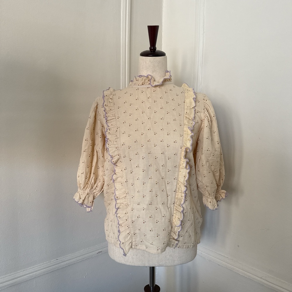 Stellah Beige Blouse with Lavender Trim
